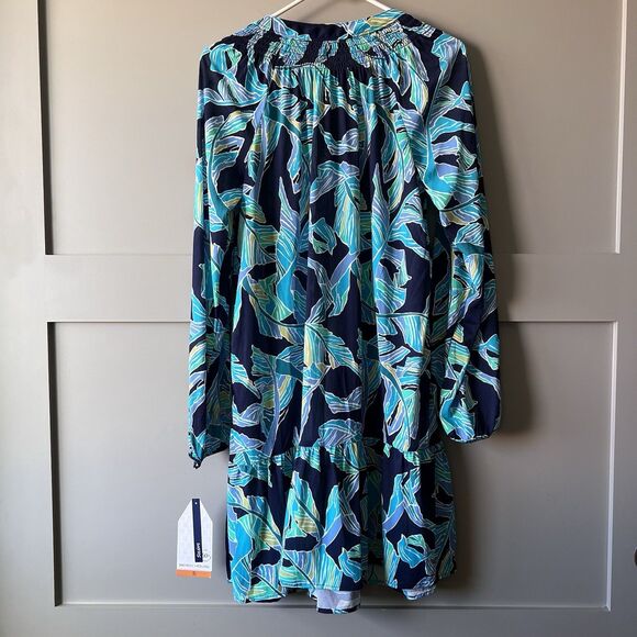 Beach House Swim Cover Up Dress Women Medium Blue Long Sleeve Palm Floral NEW - Picture 2 of 14